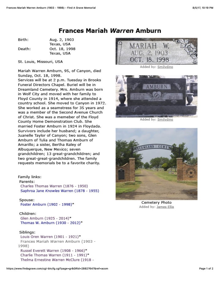 Frances Mariah Warren Amburn (1903 - 1998) - Find A Grave Memorial1024_1
